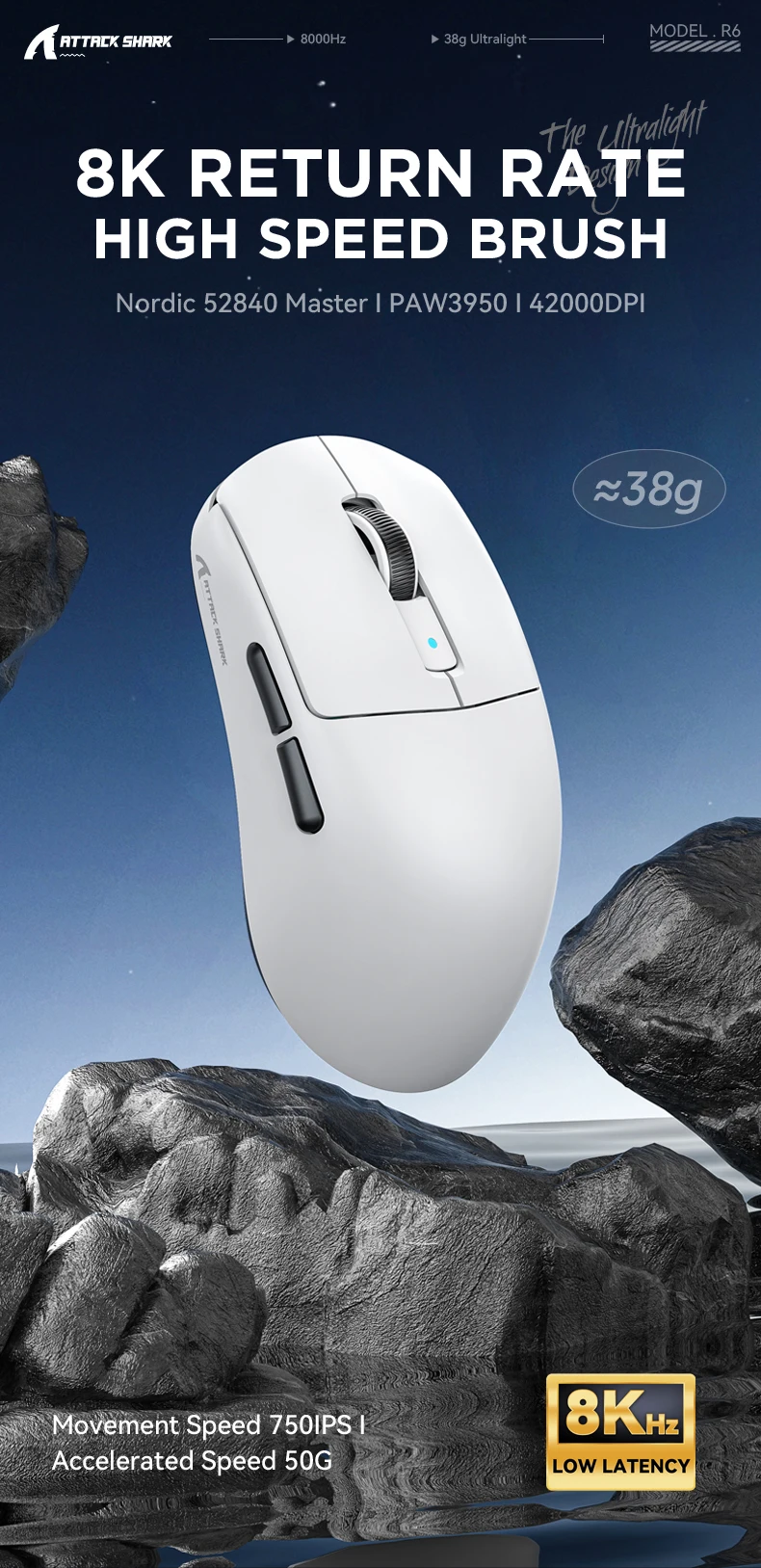 Mouse Gaming MAMBASNAKE ATTACK SHARK X1 – 39g, PAW3395 PRO 40K DPI, 1000Hz, Dock Ricarica, Wireless/cablato/BT
