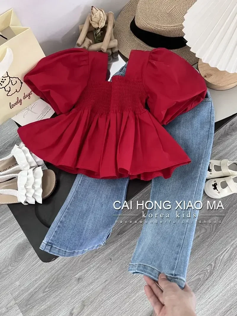 Fashion Girls Baby Short Sleeve Top Jeans Two Piece Spring Summer Children\'s Clothing 90-140cm Girls New Clothes Set