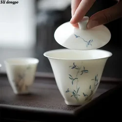 Porcelain Hand-painted Orchid Gaiwan Cover Bowl White and Blue Ceramic Tea Making Bowl Chinese Style Simple Tea Cup