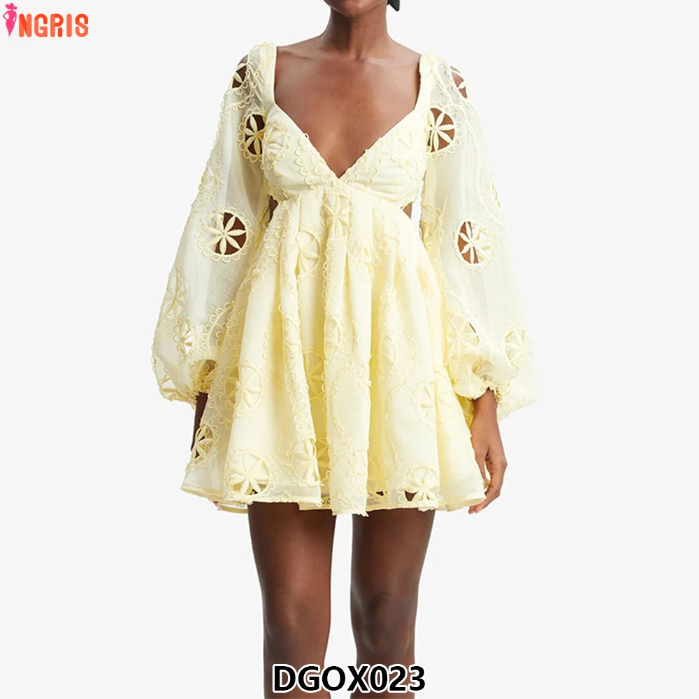 

High Quality Summer Women's Mini Dress Long Sleeves Flowers Embroidery Printed Ruffles Sexy Women's Clothing-DGOX023