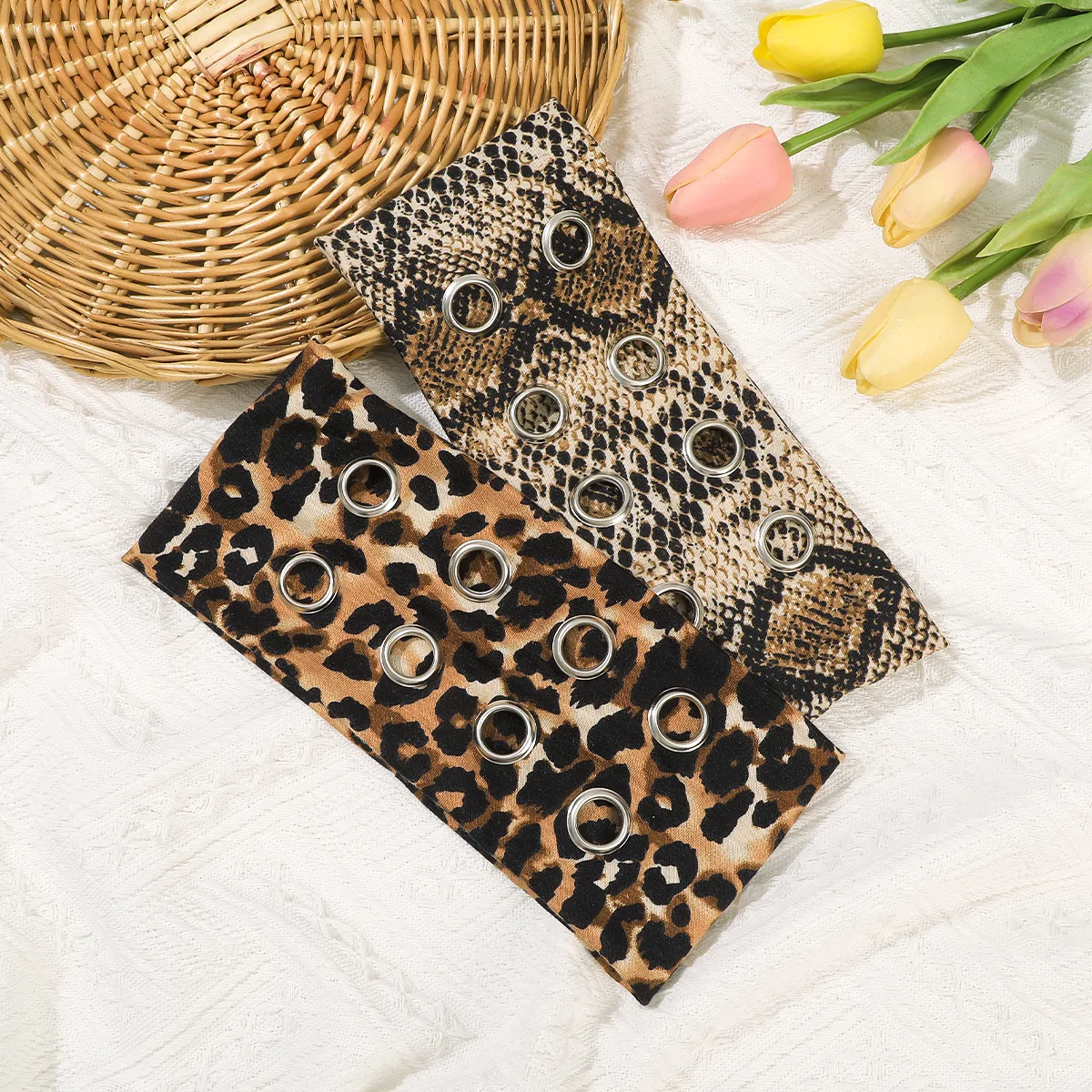 

European and American Punk-Style Metal Circle Hip-Hop Headband, Korean-Style Headscarf, Solid-Color Leopard-Print Headband
