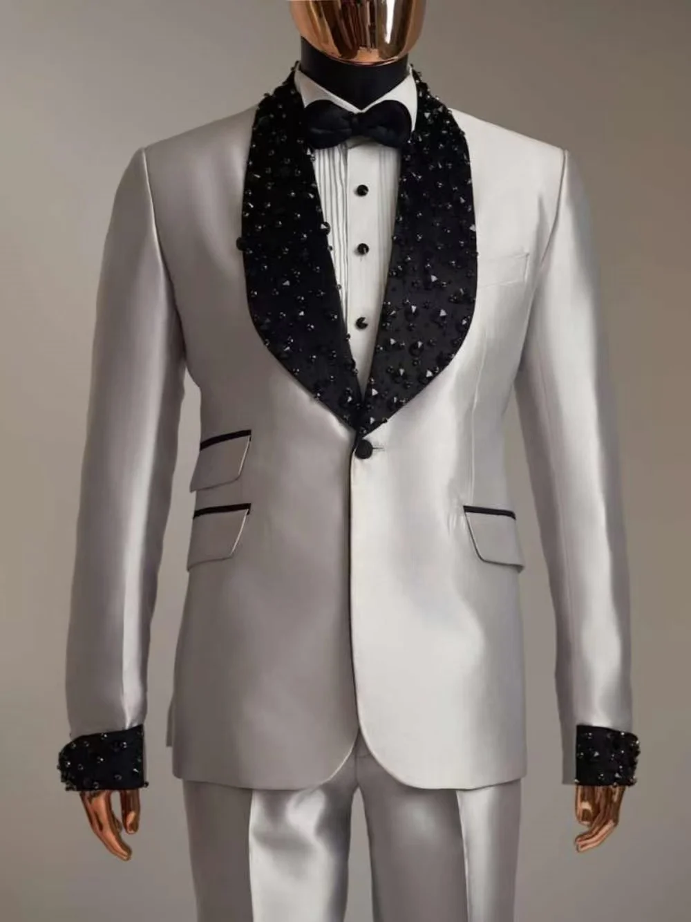 

Groom Men Suits Set 2 Pieces Blazer+Pants Trousers Luxury Crystals Beaded Autumn Wedding Tuxedos Jacket Formal Office Prom Coat