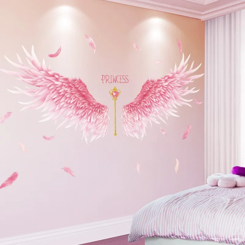 Large Angel Wings Stickers Decoration Pink Pattern Room Bedroom Wall Sticker Ins Bedside Decal for Children's Room Kindergarten