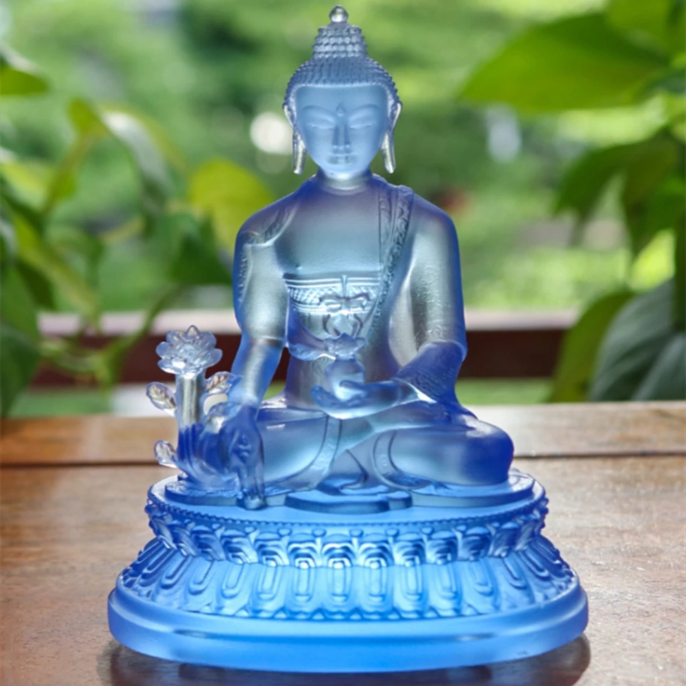 Resin Blue Medicine Master Buddha Decoration Crafts Household Ornament Offering Water Glass Goddess Mercy Handicraft Figurines