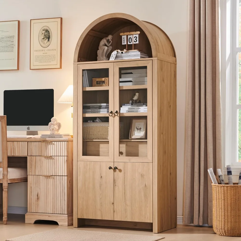 

71" High Arched Bookcase with Open and Adjustable Shelves, Wooden Display Cabinet with Large Hidden Drawers and Glass Doors