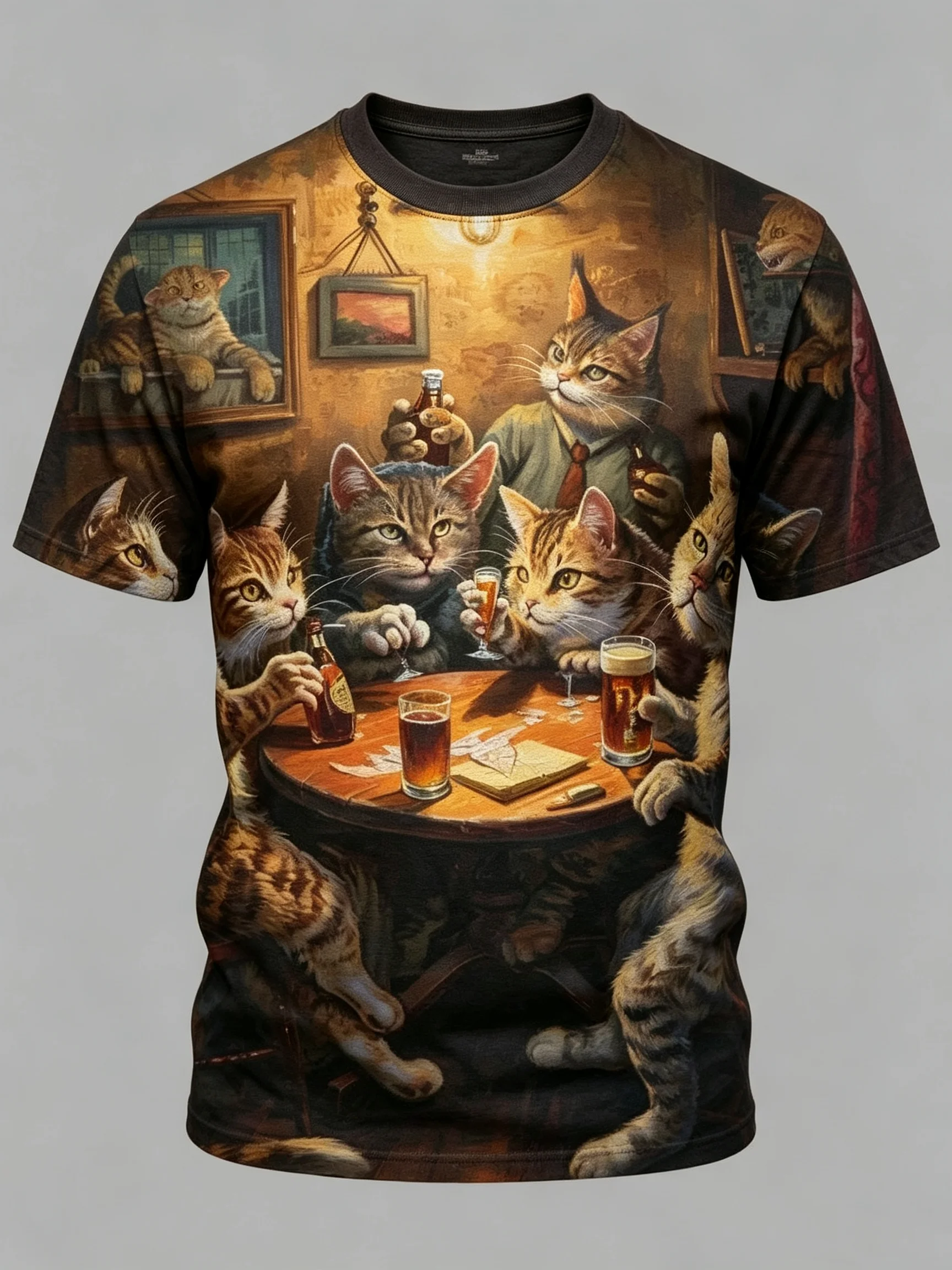 Funny 3D The Beer Hall Cat Pattern Short Sleeve T-shirts Fashion Cool Party T Shirt Casual Crew Neck Tops Outdoor Men's Clothing