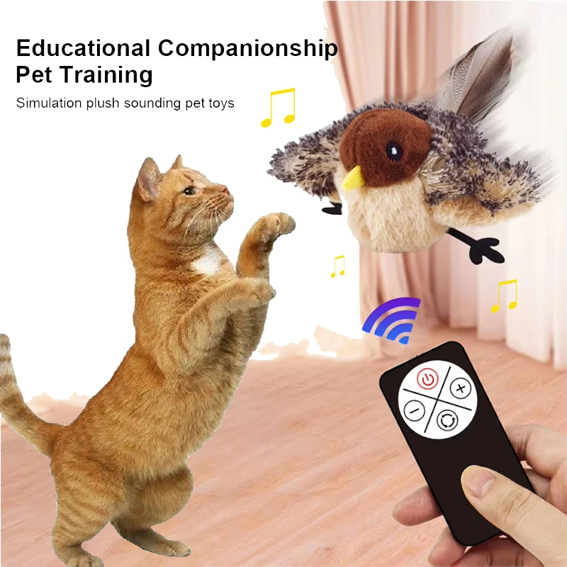 Interactive Cat Toys Flying Bird Cat Toy Flapping Wings Sparrow Catnip Toy Electric Squeaky Simulation Bird Plush Toy for Cats