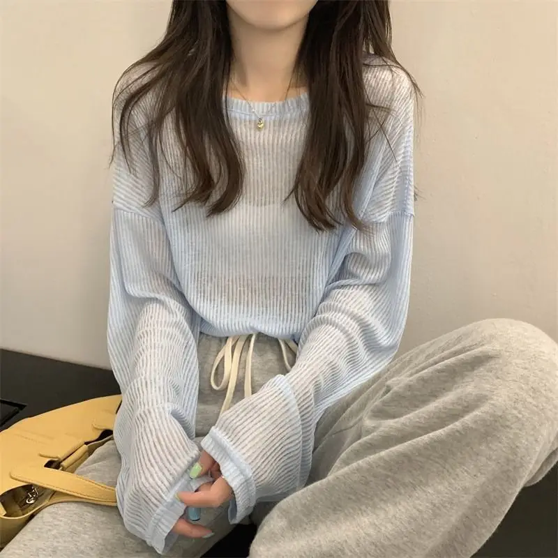 Autumn 2024 Women's New Patchwork Pullover O-Neck Screw Thread Fashion Solid Color Minimalist Casual Versatile Long Sleeve Tops