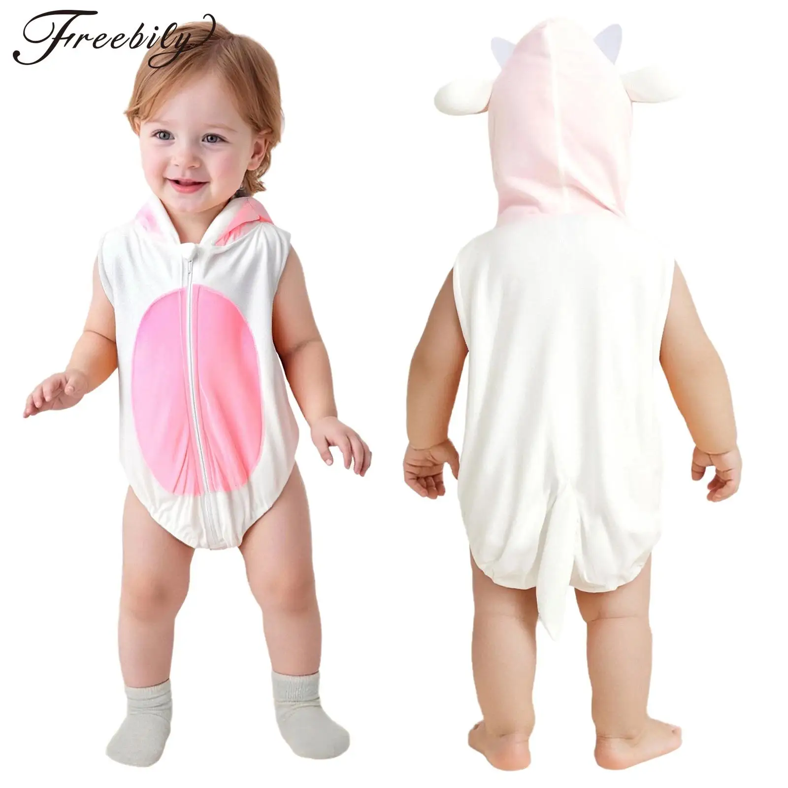 

Baby Boys Girls Cute Cartoon Animal Costume Hooded Sleeveless Zipper Fuzzy Rompers for Halloween Birthday Theme Party Cosplay