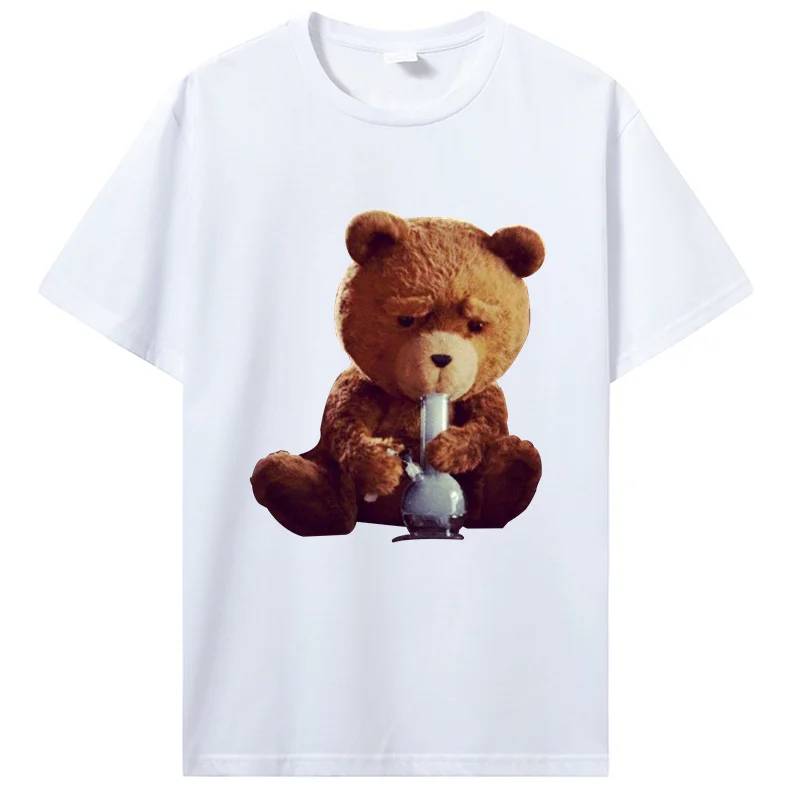 مضحك تيد الدب التدخين بونغ التي شيرت القطن تي شيرت للجنسين تي شيرت موضة اللياقة البدنية قصيرة الأكمام بلوزات مستديرة العنق ملابس للرجال