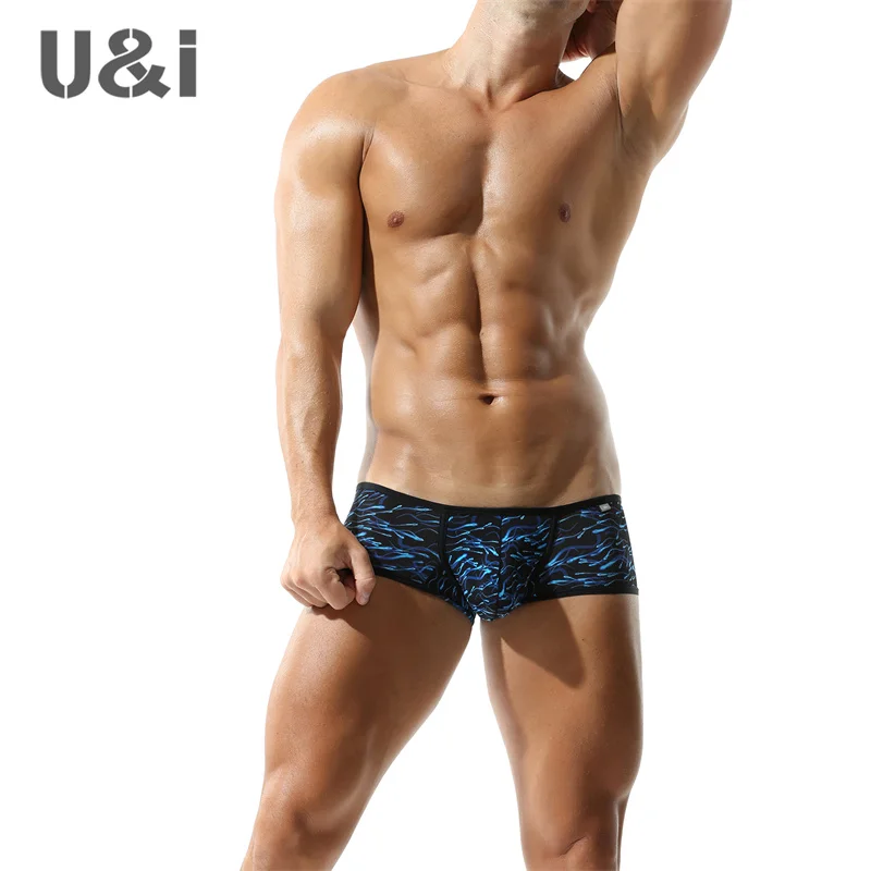 U&I trendy men\'s sexy low waist boxer briefs fashionable trend personality printing nylon breathable bullet separation
