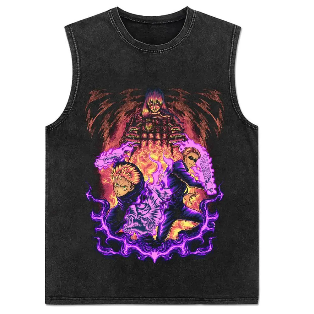 2024 New Vest Summer, Spell Back To War, Anime Printed Cotton Vest Men\'s Washed Retro Sleeveless T-shirt Ins