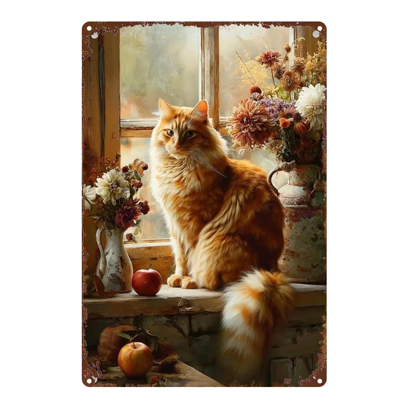 2D Flat - 2D Plane - A 2D Plane Metal Sign Depicting a Cat Sitting on a Windowsill Holding a Flower Basket. This Decorative Iron