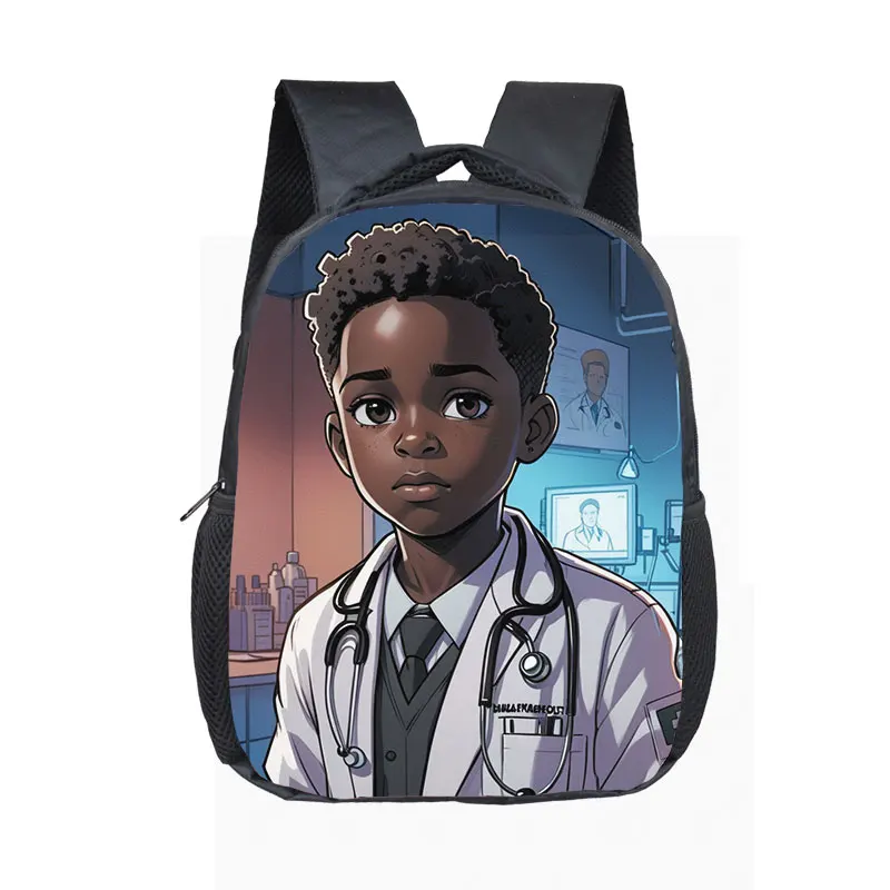 12 inches Afro Black Boy with Crown Backpack for kids Black King Doctor Astronaut Pilot Rucksack School Bag Daypack Book Bag