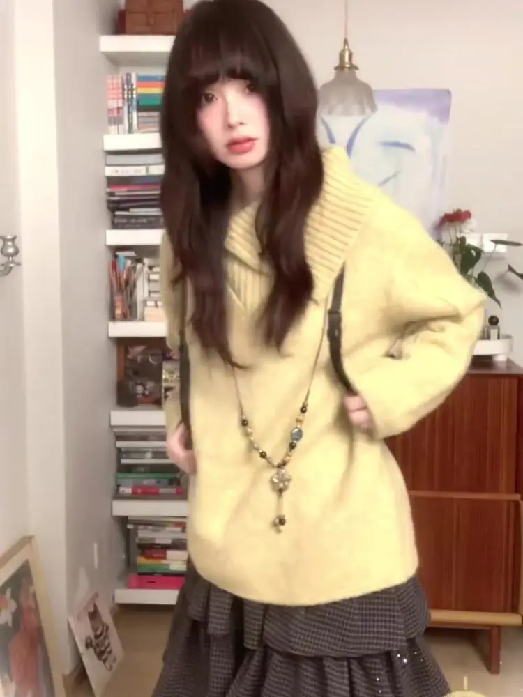 Autumn Winter Thiened Yellow High Collar Sweater Women's Loose Knitted Top Outerwear Inner Match 2025 Trendy Lazy Sle