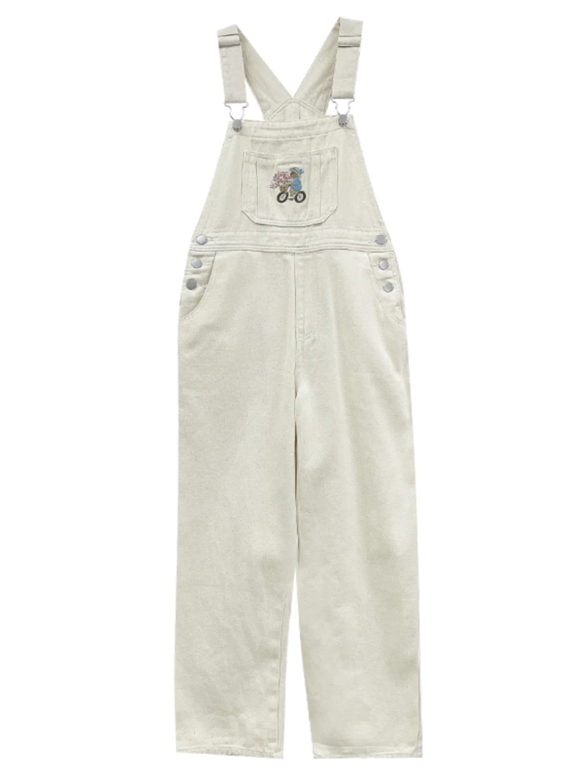 Mode Cartoon Stickerei Overalls Jeans koreanischen Stil Aprikose hohe Taille breite Bein Riemen Jeans hose lose weibliche Overalls