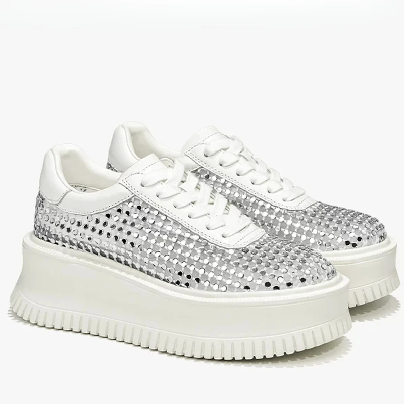 Summer Hollow Cowhide Woven Mesh Drill Thick Soled Daddy Shoes for Women's Comfortable Breathable Casual Height Increasing Shoes