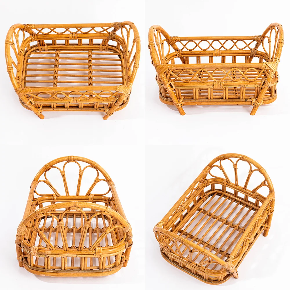 Vintage Rattan Chair For Newborn Photography Props Studio Infant Mini Bamboo Woven Small Bed And Baskets Photoshoot Accessories