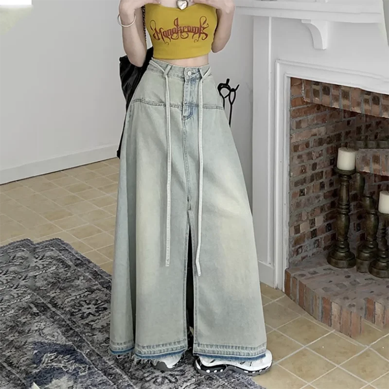 

Women's High Waist A-line Denim Skirt, Long Skirt, Korean Tie Burrs, Loose Split-Edge Skirts, Summer, New, 2023