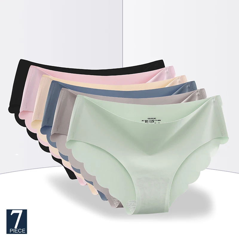 FINETOO 7PCS Ice Silk Seamless Panties Women's Briefs Solid Color Elastic Underwear Female Ultra Thin No Trace Wavy Side Panties