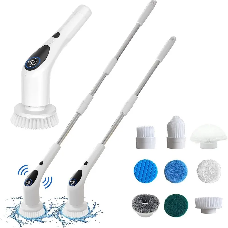 9 Replaceable Heads for Electric Spin Scrubber Shower Cleaning Brush with LCD Screen Voice Broadcast for Bathroom Floor