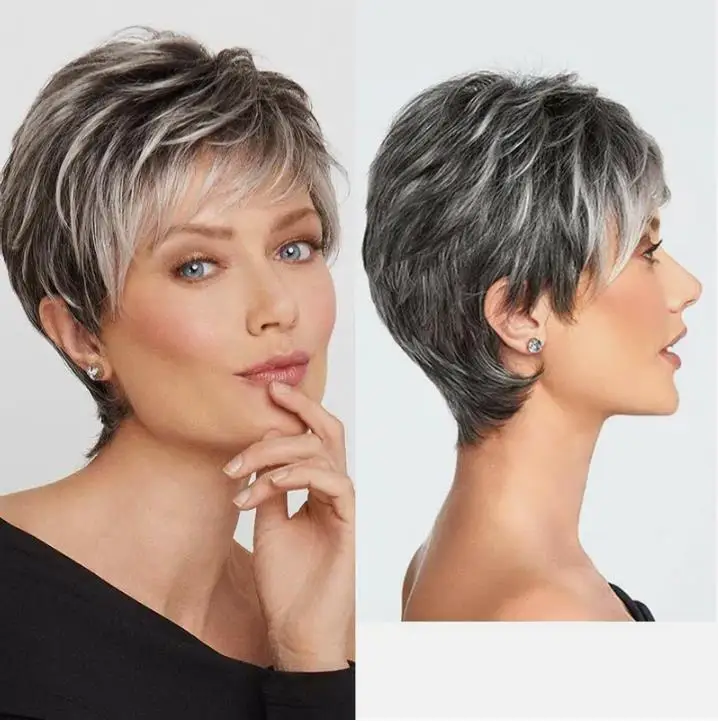 

Short Pixie Cut Wigs for Women Black and Gray Synthetic Hair Wig with Bangs