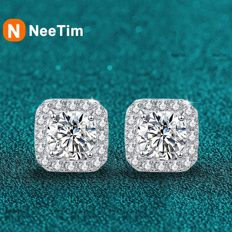 Neetim Real 0.5-1 Carat D Color Moissanite Stud Earrings For Women 100% 925 Sterling Silver Sparkling Earring Wedding Jewelry