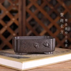 Purple Sand Crab Carved Round Angle Rectangle Bonsai Pot, Chinese,Garden Decoration