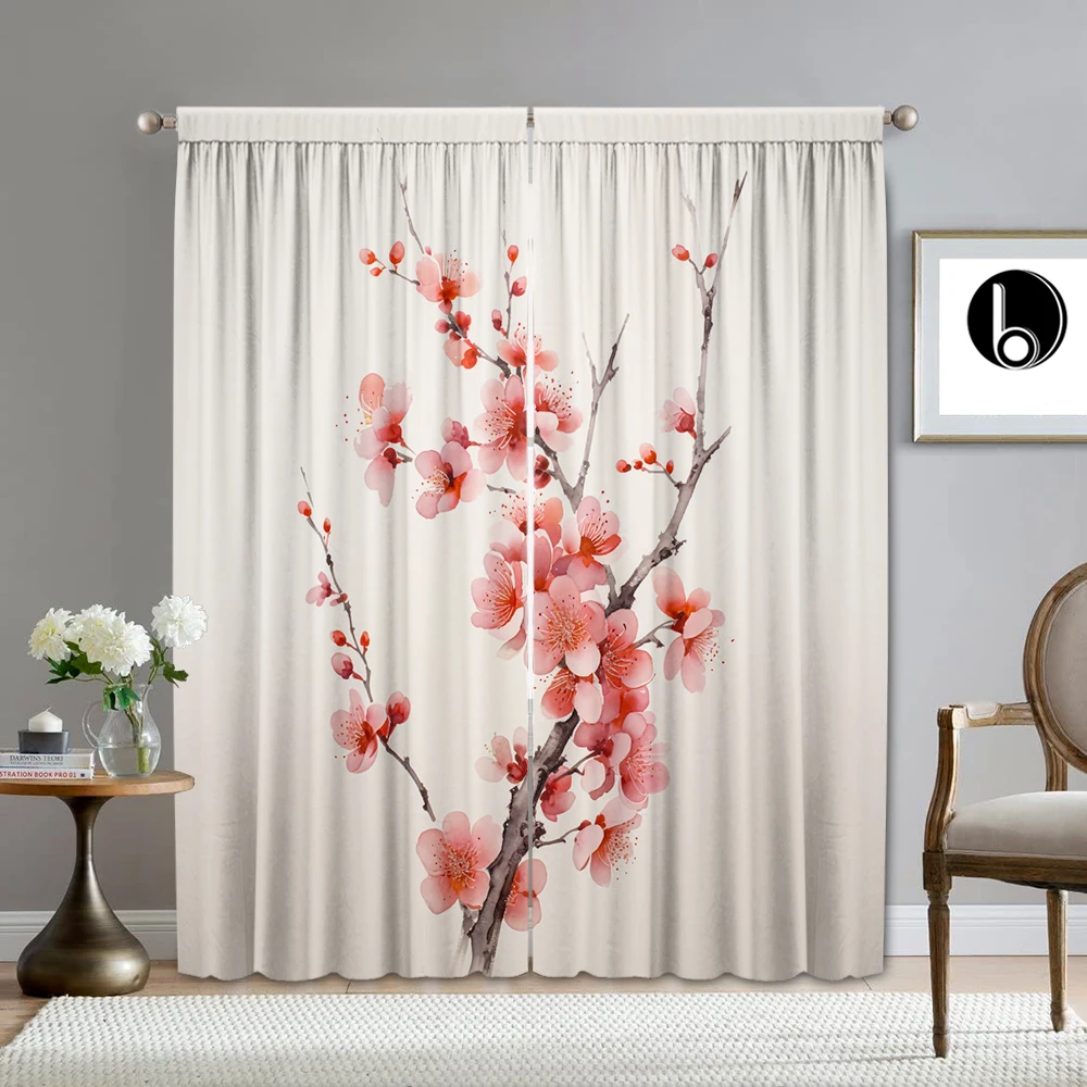 2PC Home Decoration Curtains, A Bouquet Of Plum Blossom With Rod Pocket Curtains, Kitchen, Coffee Shop,Living Room, Balcony