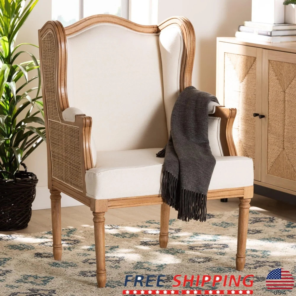 

French Provincial Accent Chair Bayur Wood Frame with Woven Rattan Upholstered Foam Padded Armrests Rustic Charm Stable Design