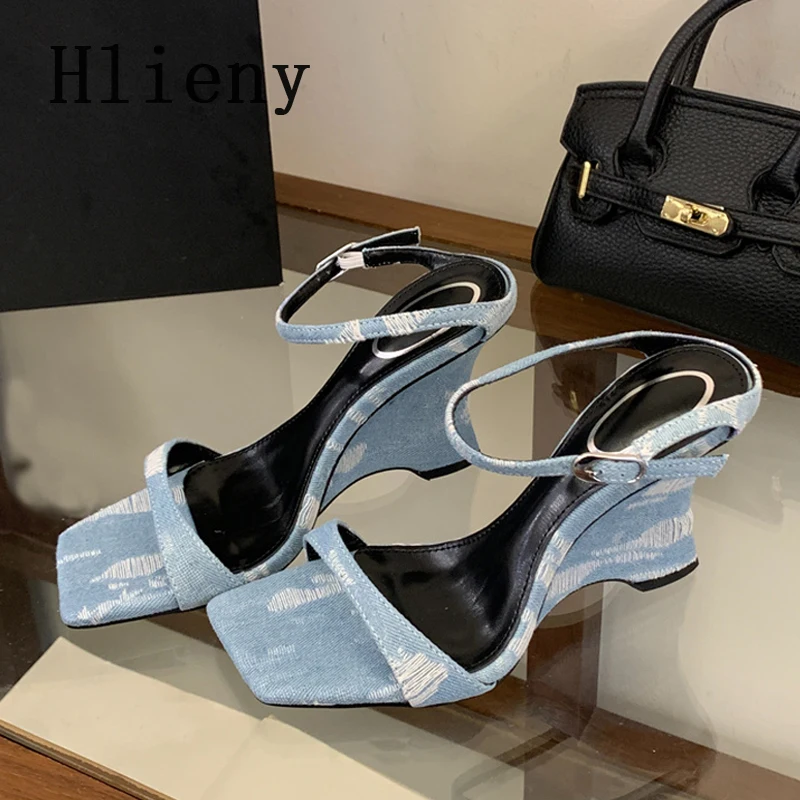 Hlieny Summer Fashion Blue Denim Wedges Slippers Women Square Toe High Heels Sandals Female Party Prom Dress Shoes Zapatos Mujer