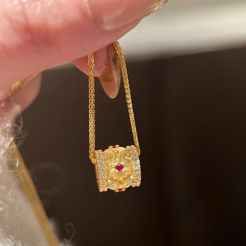 

Vintage diamond studded ruby peony flower necklace brushed fashion exquisite Beautiful engraved floral collarbone chain jewelry