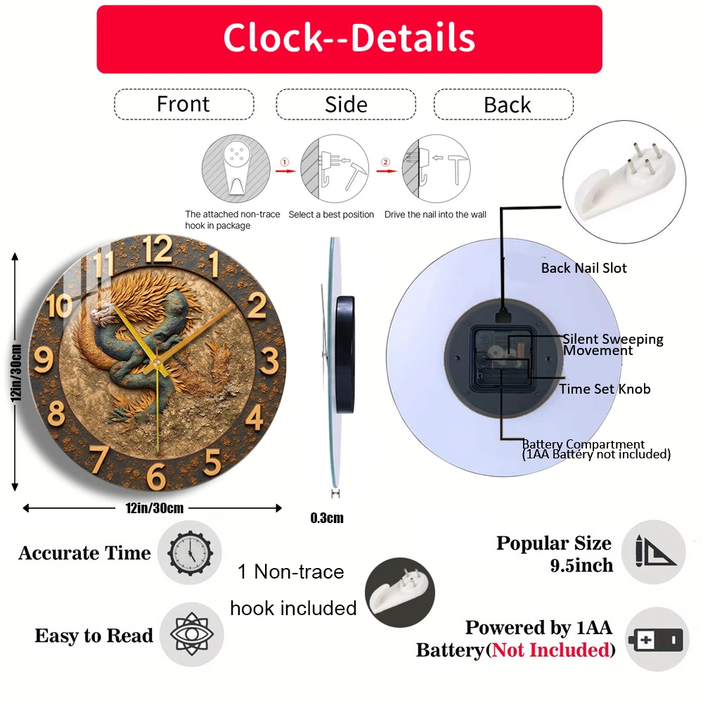 Tempered Glass Wall Clock Chinese Dragon Carving Design Suitable For Wall Decor or Tabletop Display Anywhere