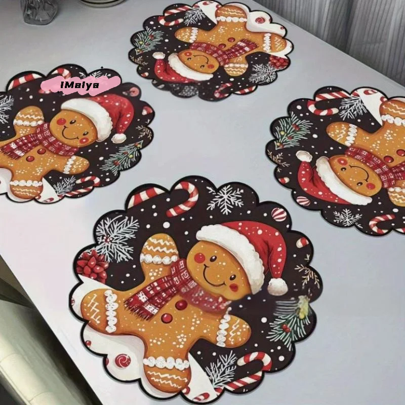 

4Pcs Christmas Circular Waves Placemats Non Slip Heat Resistant Table Mats Winter Dining Party Christmas Decor Round Tablecloth