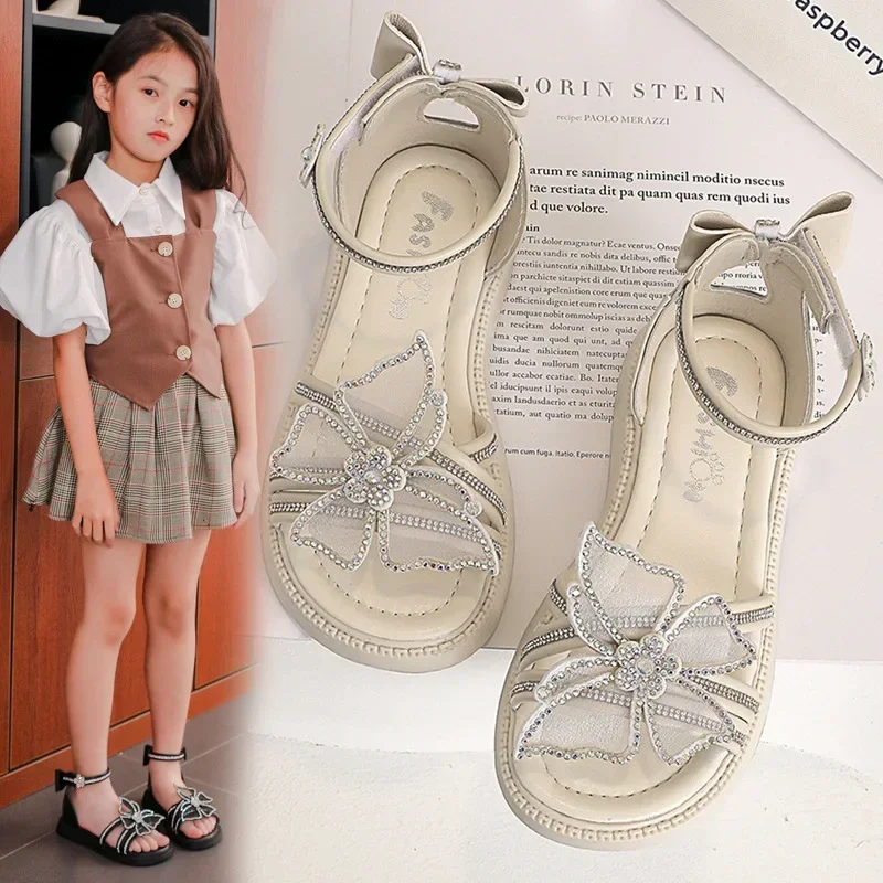 Meisjes Prinses Zoete Sandalen 2024 Zomer Nieuwe Mode Koreaanse Stijl Kinderen Strass Strandschoenen Elegant Temperament Chic