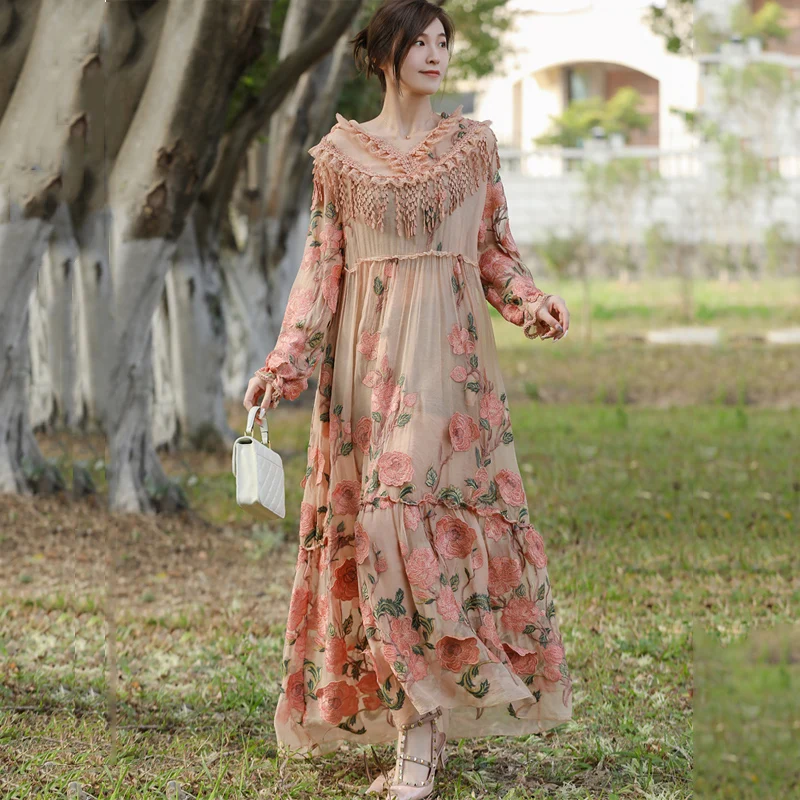 Spring New Mulberry Silk Hooded Women's Clothing Tassel Three-Dimensional Flower Embroidery Elegant Long Lady Dress One Size