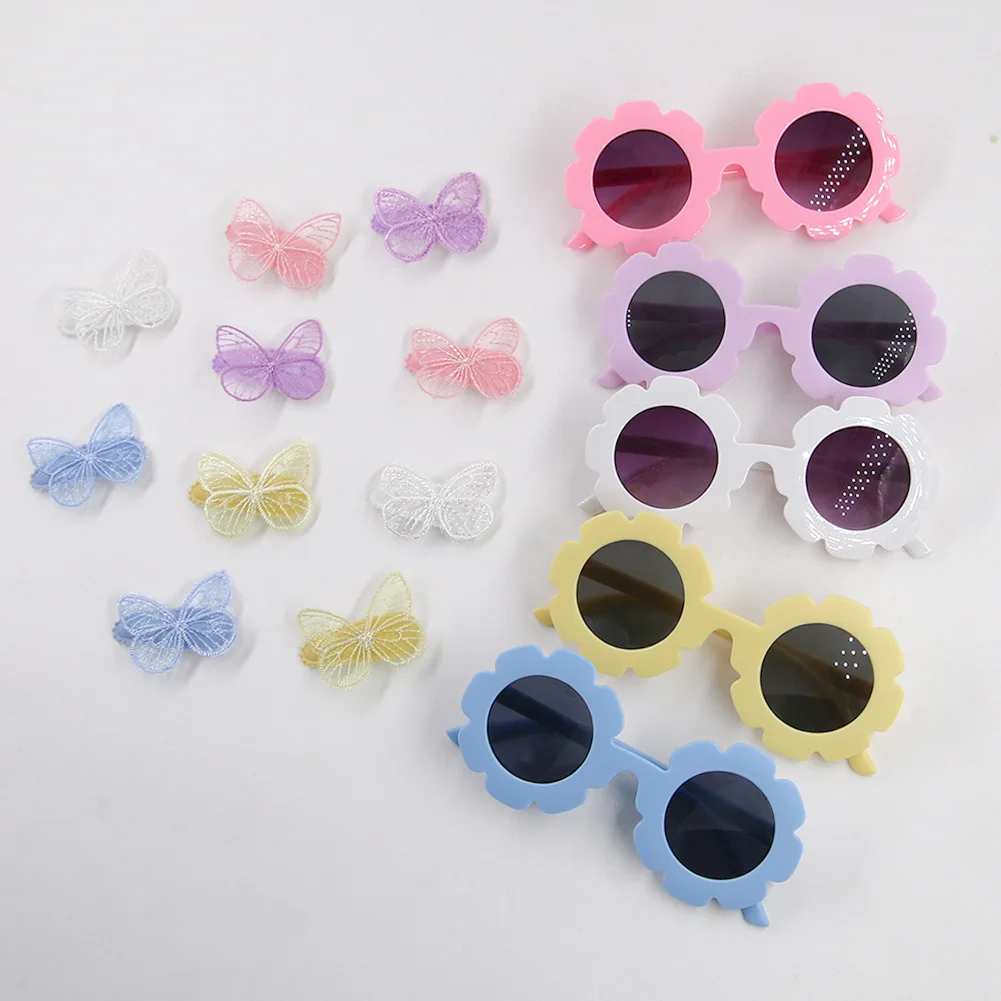 Flower Sunglasses for Baby Boys and Girls, grampos de cabelo, Seaside Metal Eyeglasses, Acessórios infantis, Lace Bow Hairpins, 12 conjuntos por lote