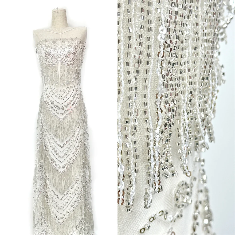 

Белая африканская кружевная ткань с блестками, высокое качество, нигерийская французская тяжелая кружевная ткань с бисером для шитья свадебных платьев