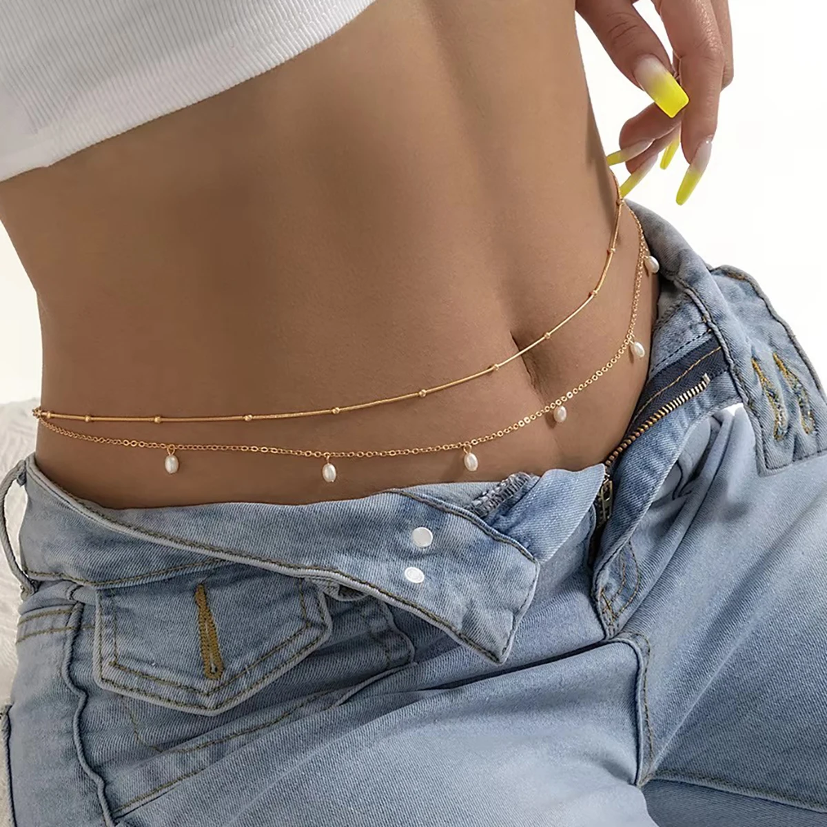 الرجعية بسيطة طبقة مزدوجة رقيقة الخصر سلسلة موضة تقليد اللؤلؤ قلادة البطن سلسلة المرأة مثير الصيف الجسم سلسلة مجوهرات
