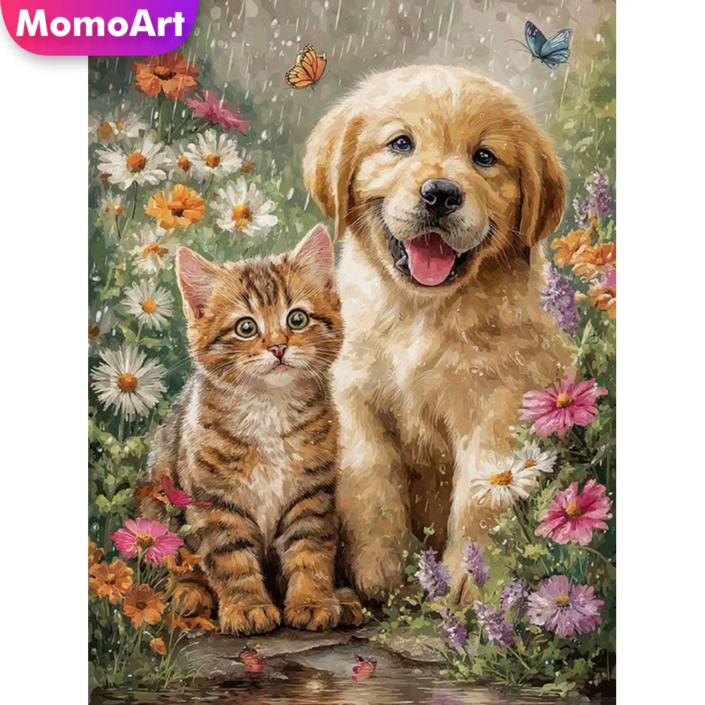 Mosaico de diamantes con motivos de animales de Momoart: perro, gato, cuadro completo con forma de cuadrado, imagen de margaritas, bordado con pedrería, manualidades, nuevo modelo, decoración de pared.