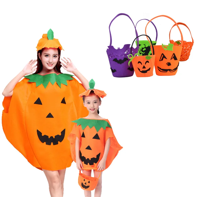 

2023 New Halloween Party Pumpkin Costume with Hat Candybag Smile Ghost Pumpkin Witch Skeleton Candy Bag for Children Adult