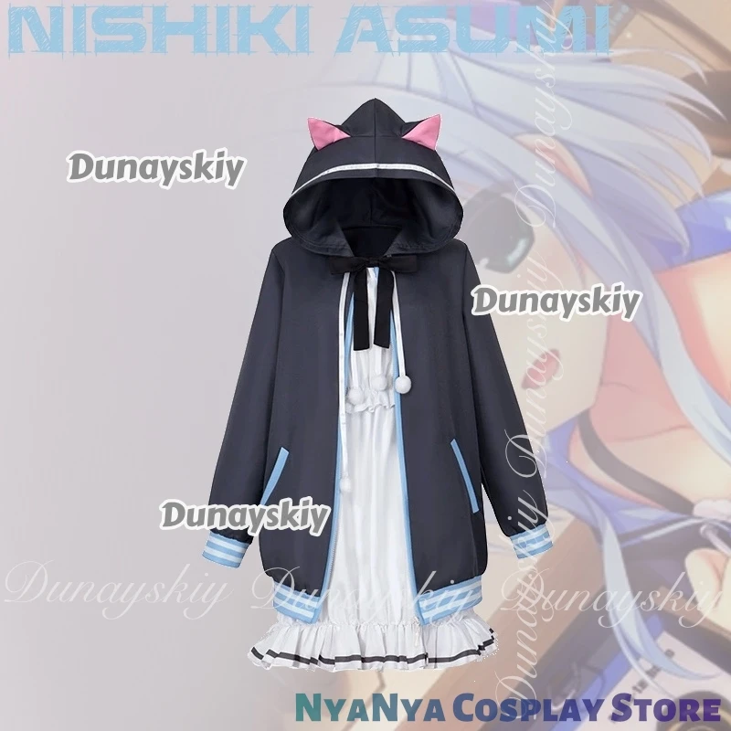 Hamidashi Creative Game Nishiki Asumi ssiVtuber súper popular con vestido blanco Sudadera con capucha negra y peluca ssiDisfraz Todo el conjunto