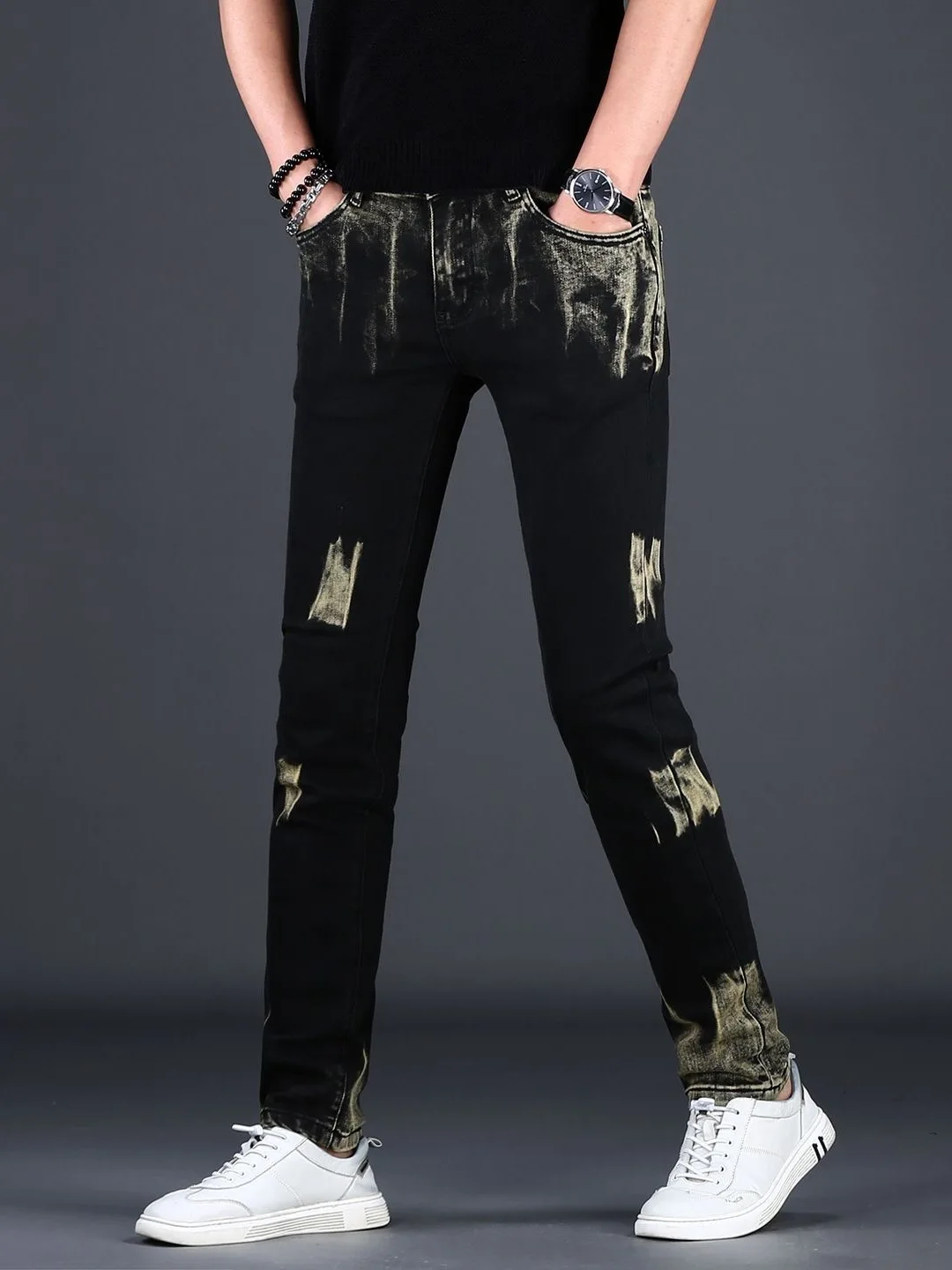

High-End Luxury Black Men's Jeans Slim Fit Casual Elastic Mid-Waist Digital Printing Youthful Style Four-Season Versatile