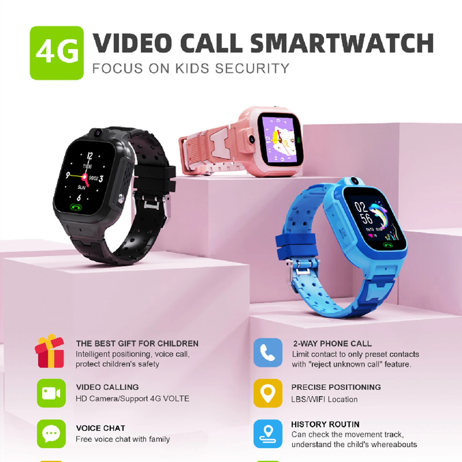 

4G Kids Smart Phone Call Watch Video Chat LBS GPS WiFi SOS Monitor Camera IP67 Waterproof Clock Child Voice Chat Baby Smartwatch
