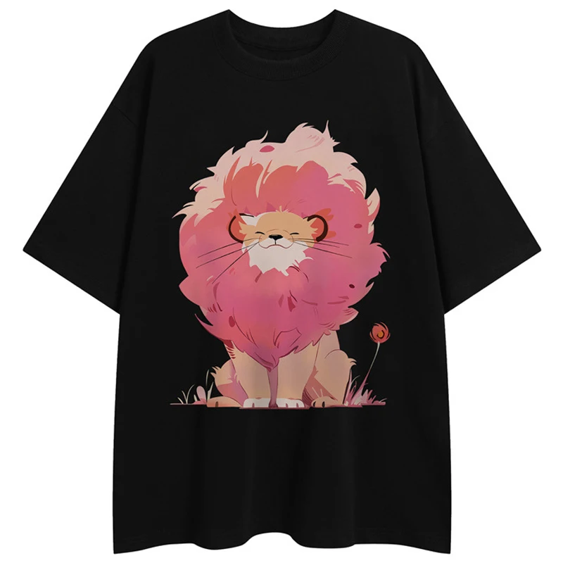 Hip Hop 2024 American Style Vintage Cartoon Lion Print Short-sleeved Men Women Summer Streetwear Casual T-shirt Couple Tee Tops