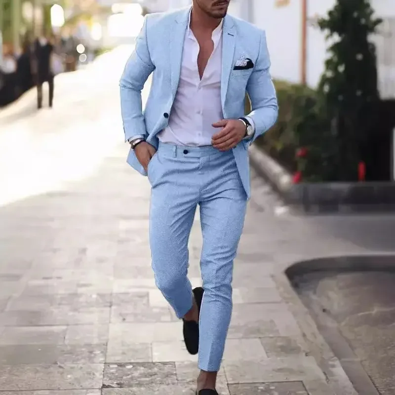 

Мужской свадебный костюм-двойка: приталенный пиджак с отложным воротником и брюки, на двух пуговицах, для вечеринок и торжественных мероприятий