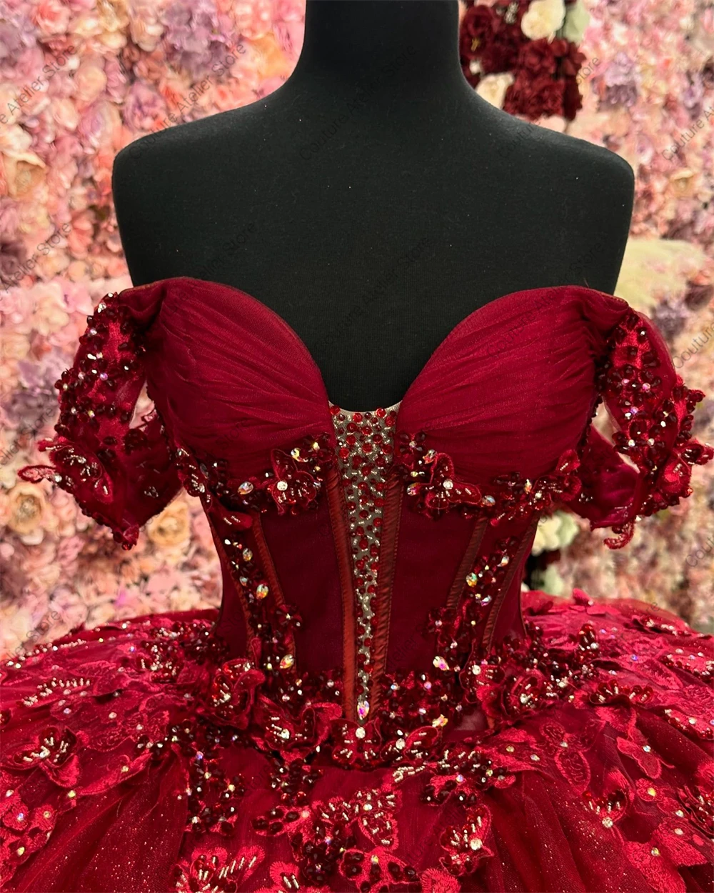 Burgundy Butterfly Lace Applique Off The Shoulder Quinceanera Dress Ball Gown Corset Princess Dress vestidos de Customized