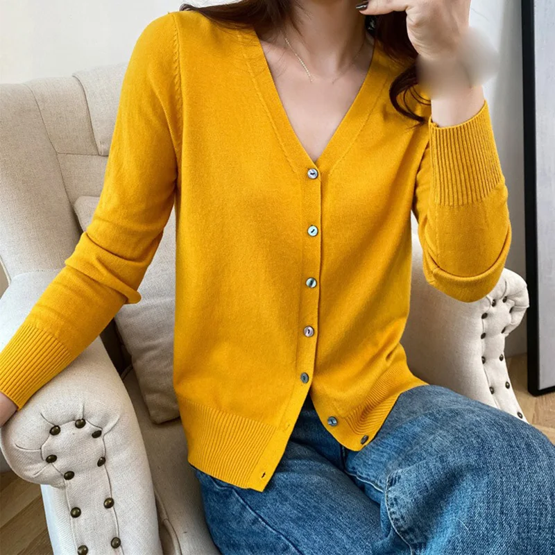 New Autumn V-neck Women Sweaters Fashion Versatile Solid Knitted Tops Chic Cardigan Pullover Korean Style Sweaters Baggy Clothes