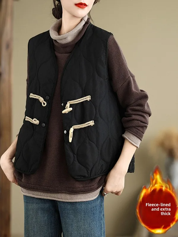 

Authentic Thiened Warmth Cotton Vest Korean Sle Buttonl Svel Winter Retro Horned Coat True Product Commute Sle