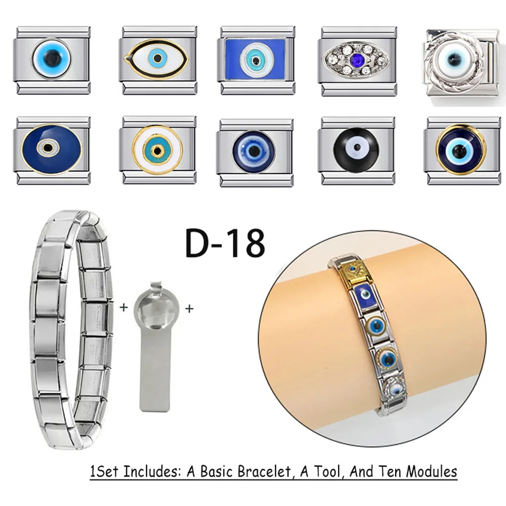 12Pcs Good Luck Türkiye Devil's Eye Italian Charm Bracelet with Basic Chain Tool For Woman Men Fashion Gifts DIY Making  Pack